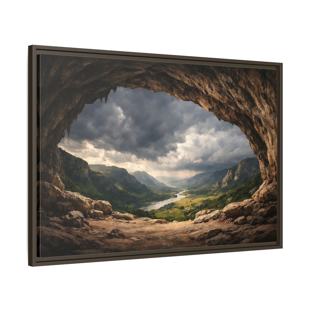 Main Mockup. Nature Cave Entrance Brown And Green shown as stretched canvas wall art