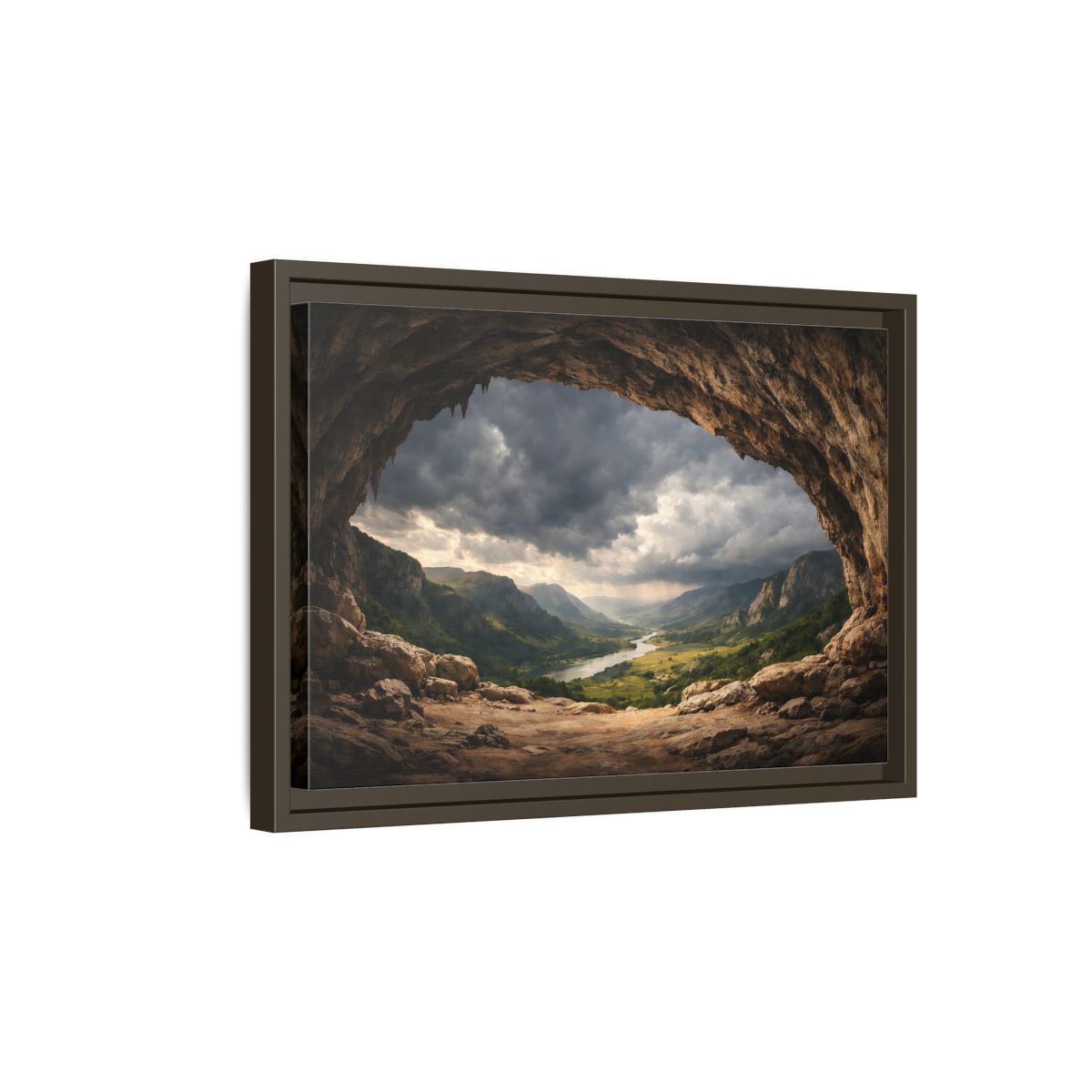 Side Mockup 5. Nature Cave Entrance Brown And Green shown as stretched canvas wall art