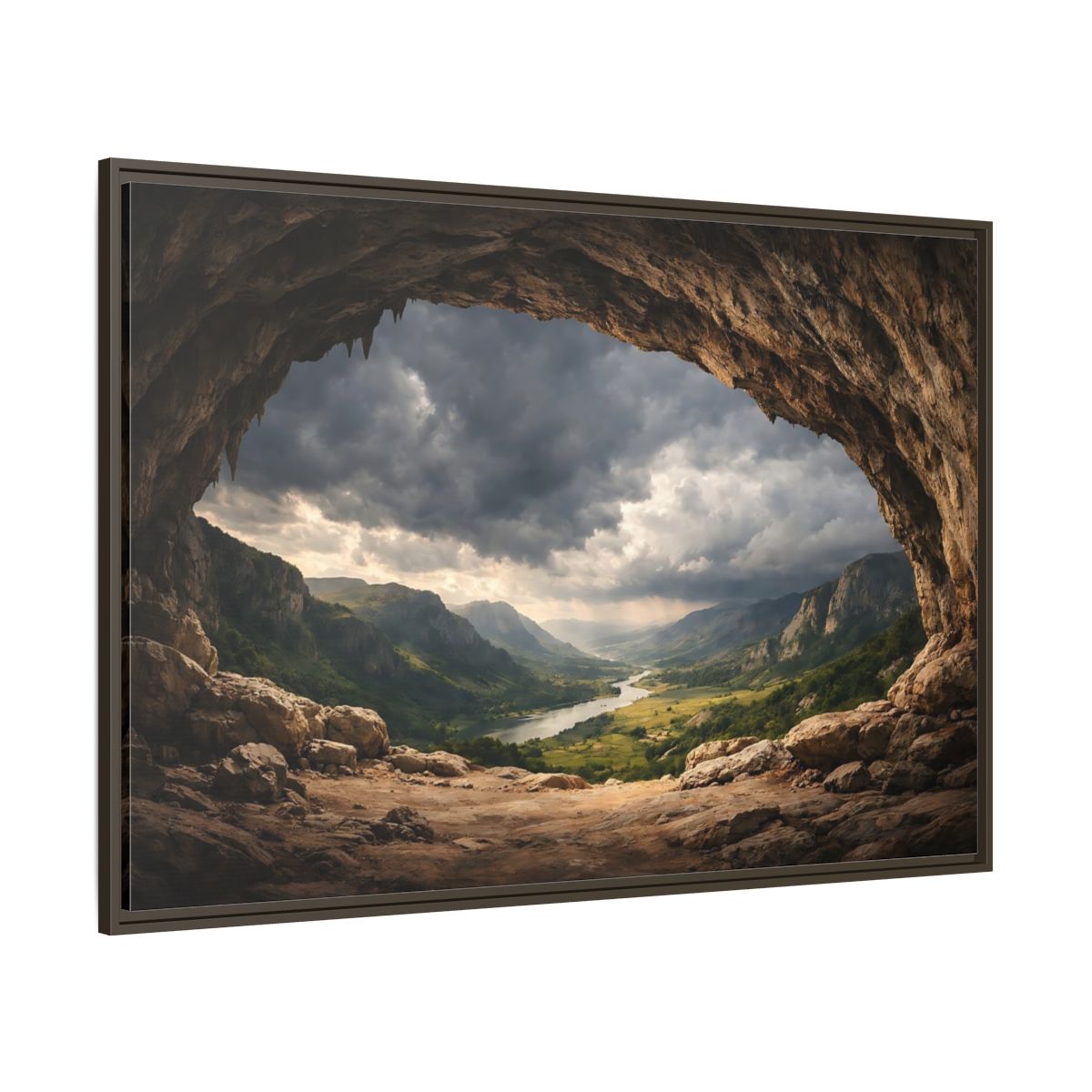 Side Mockup 8. Nature Cave Entrance Brown And Green shown as stretched canvas wall art