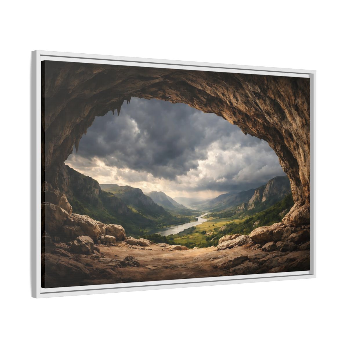 Side Mockup 9. Nature Cave Entrance Brown And Green shown as stretched canvas wall art