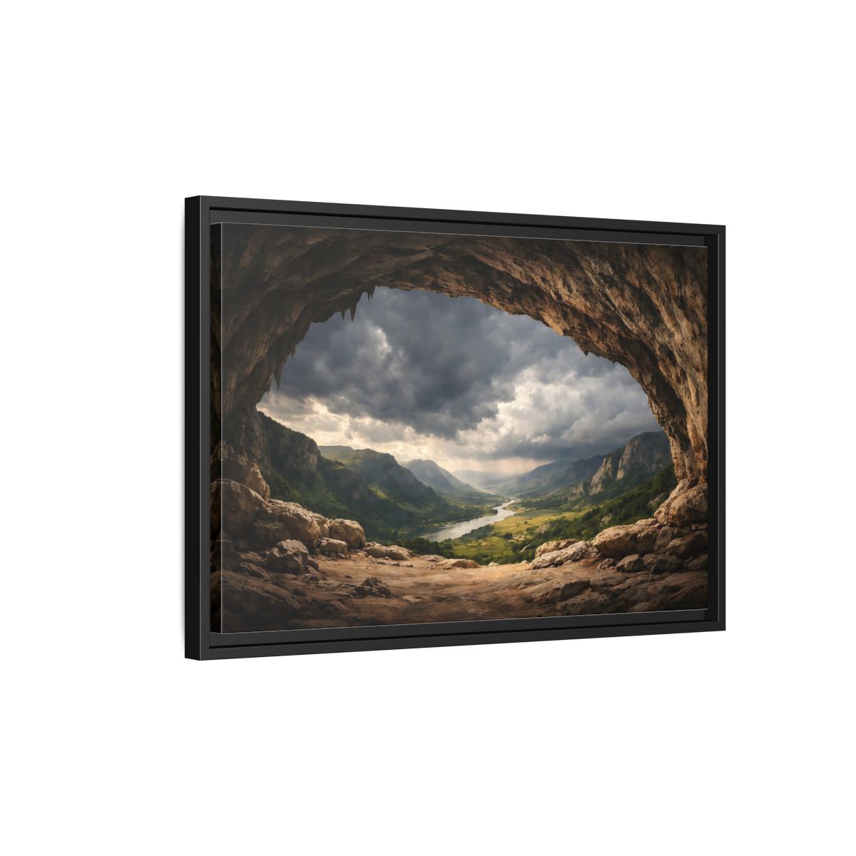 Side Mockup 3. Nature Cave Entrance Brown And Green shown as stretched canvas wall art