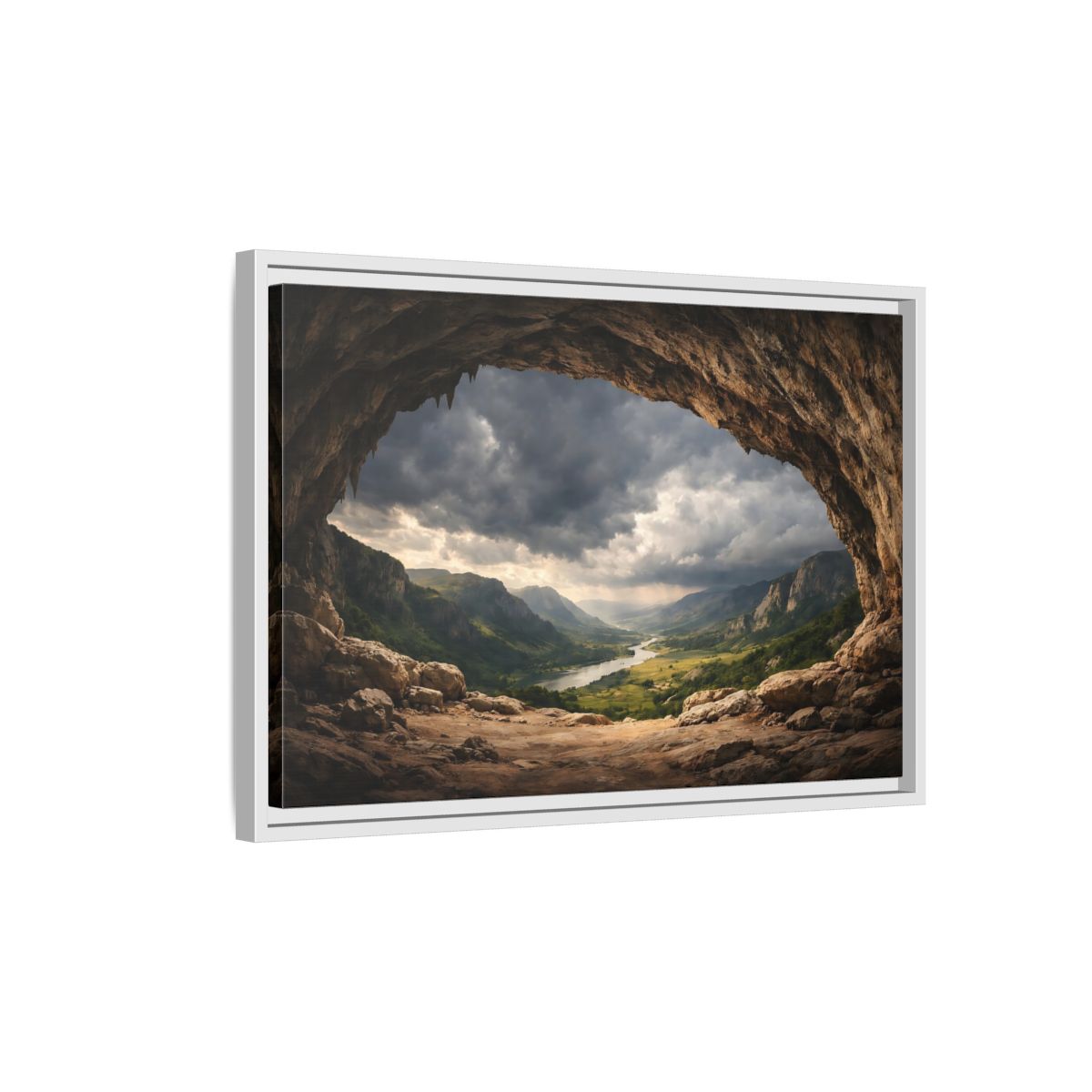 Side Mockup 1. Nature Cave Entrance Brown And Green shown as stretched canvas wall art