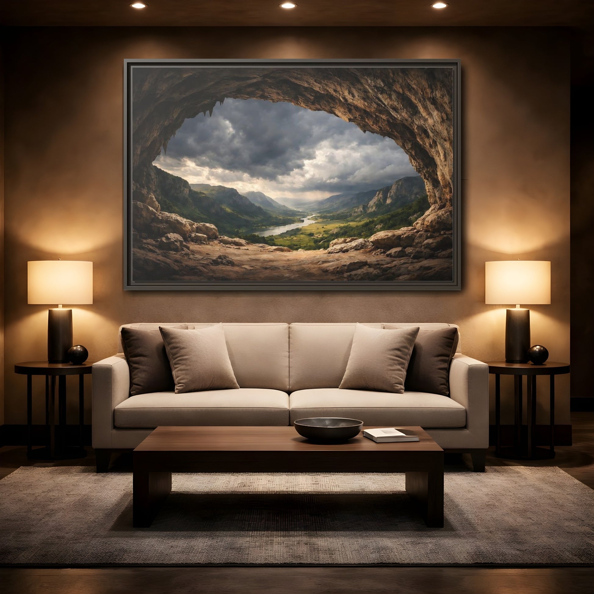 Mockup 2. Nature Cave Entrance Brown And Green shown as stretched canvas wall art