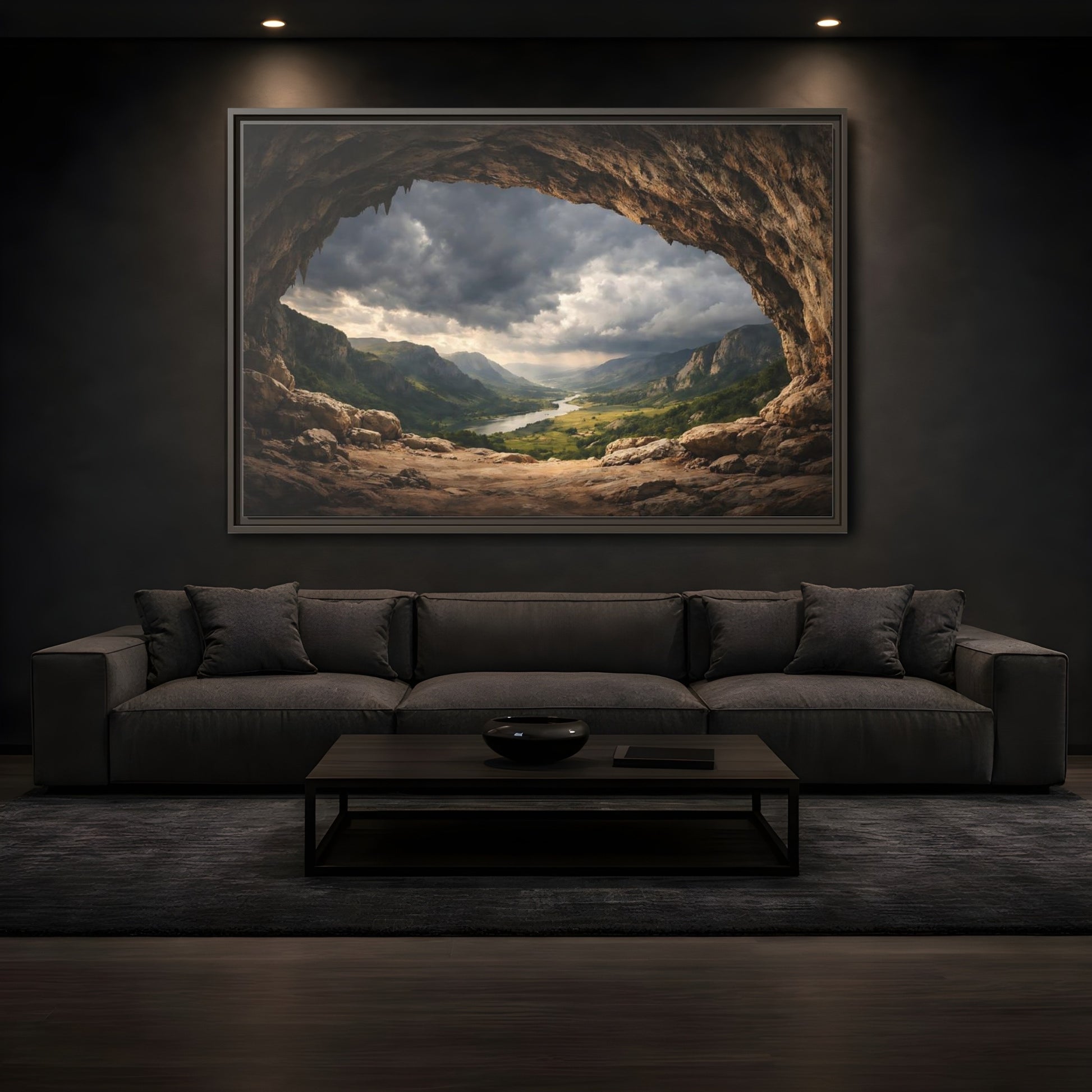 Mockup 3. Nature Cave Entrance Brown And Green shown as stretched canvas wall art