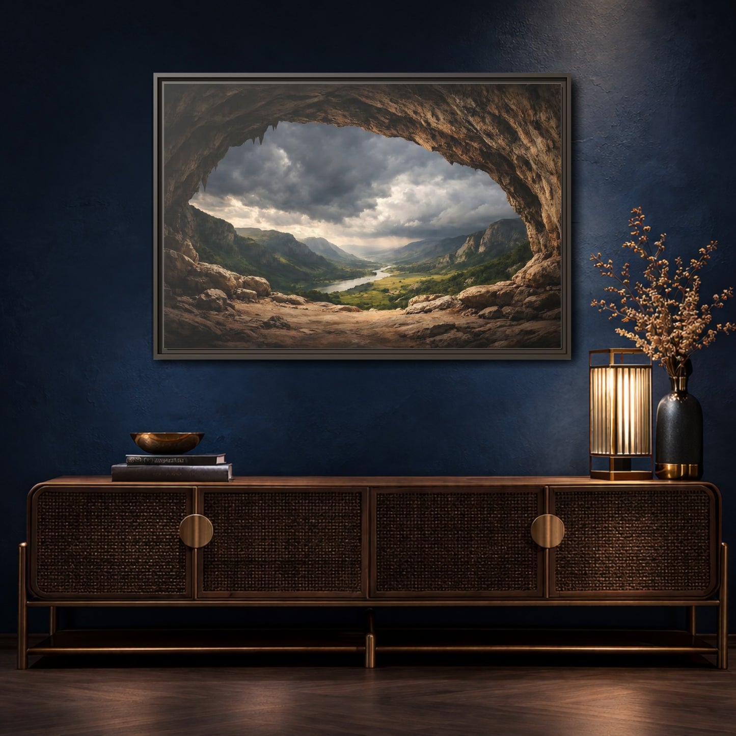 Mockup 4. Nature Cave Entrance Brown And Green shown as stretched canvas wall art