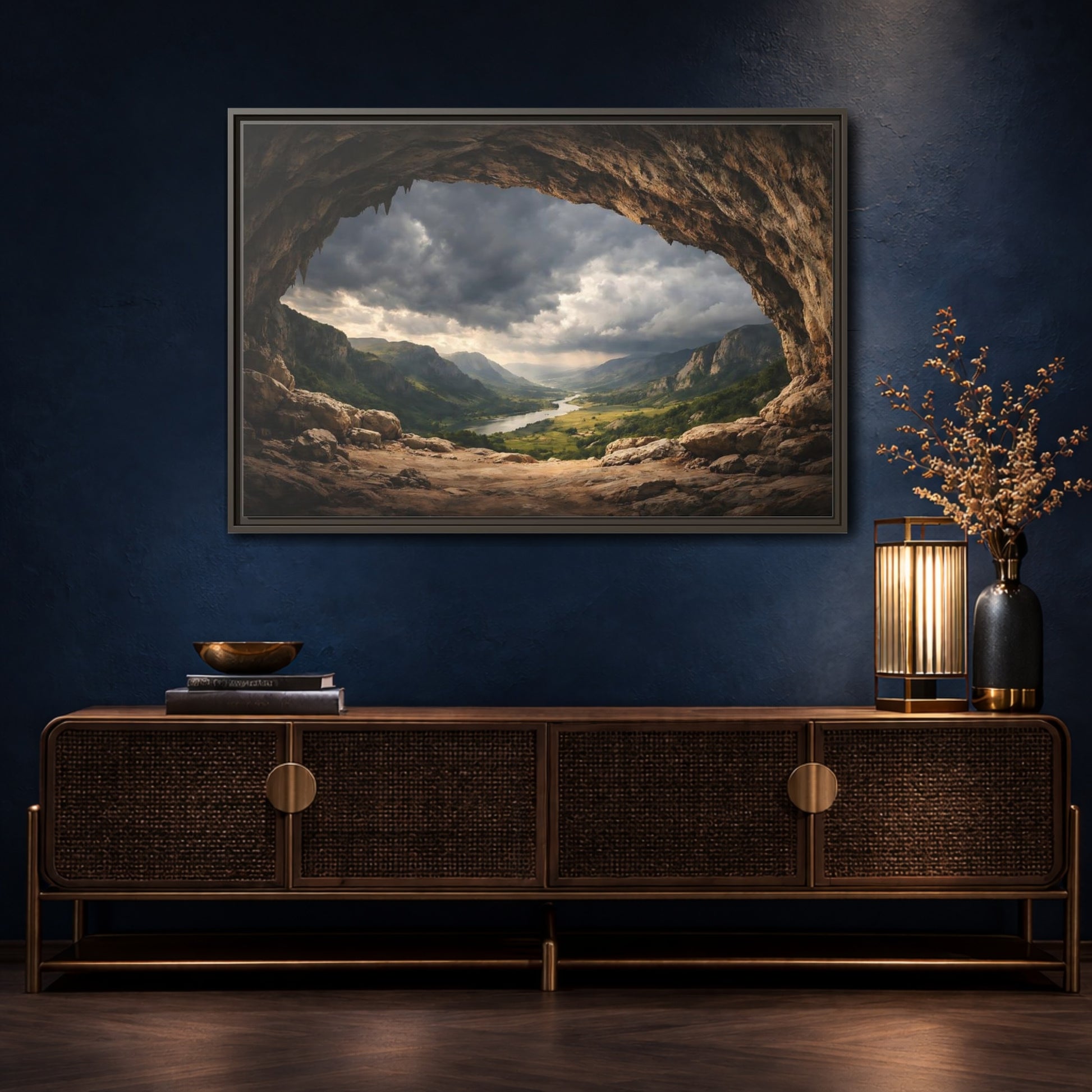 Mockup 4. Nature Cave Entrance Brown And Green shown as stretched canvas wall art