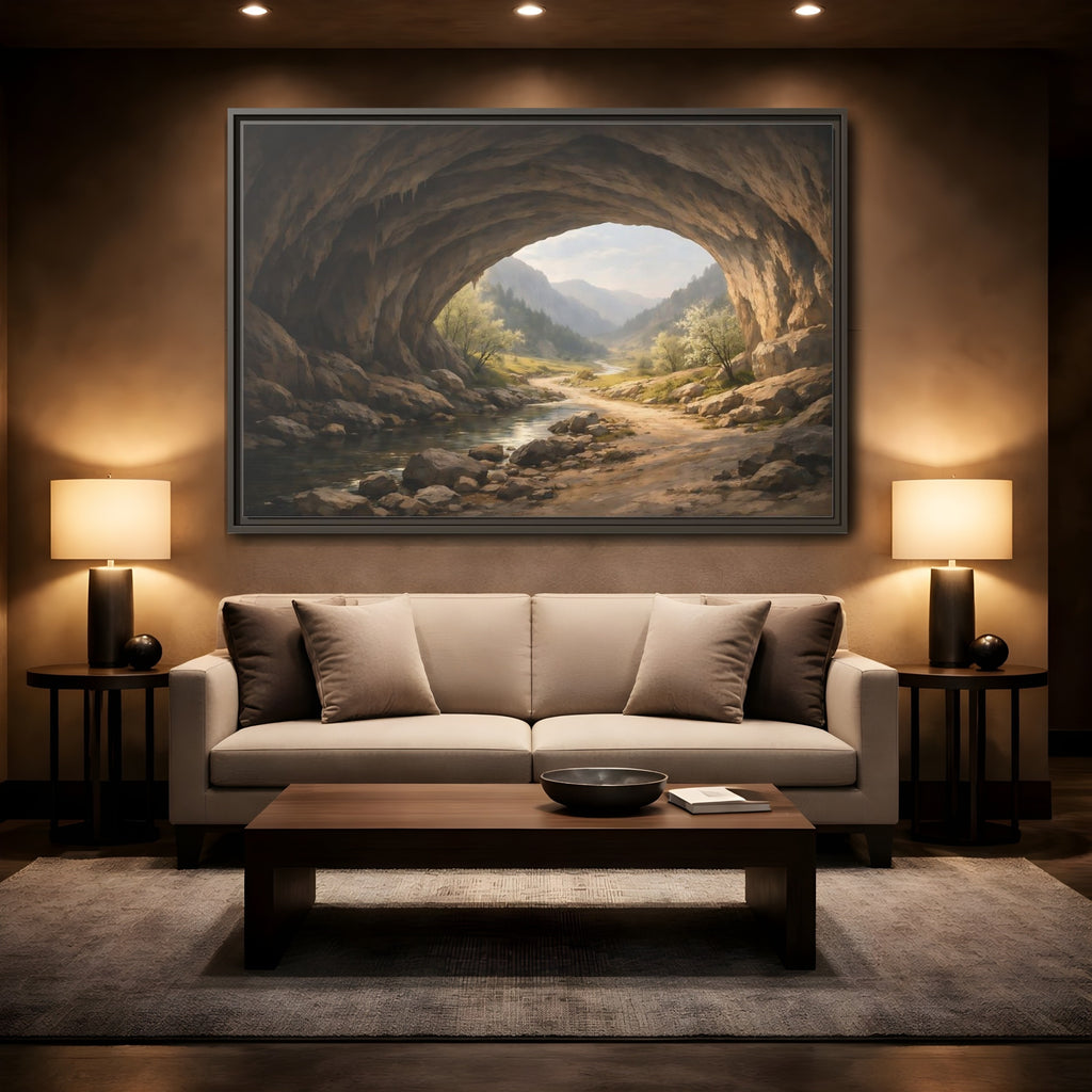 Mockup 2. Nature Cave Entrance Cave Landscape shown as stretched canvas wall art