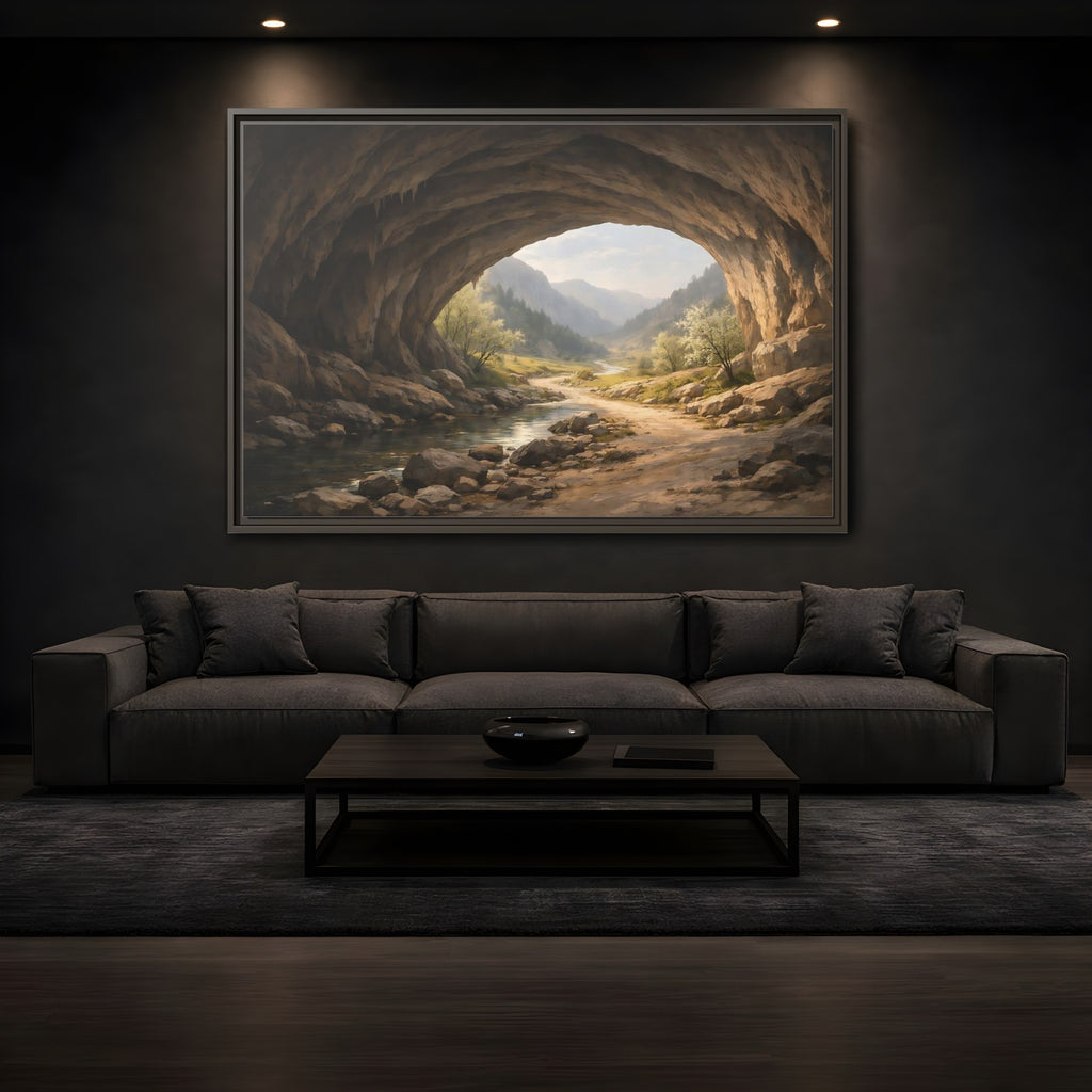 Mockup 3. Nature Cave Entrance Cave Landscape shown as stretched canvas wall art