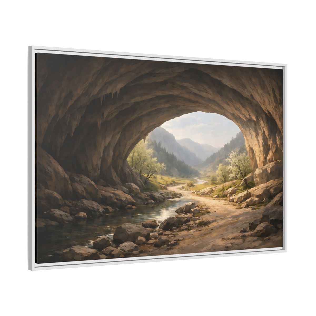 Side Mockup 7. Nature Cave Entrance Cave Landscape shown as stretched canvas wall art