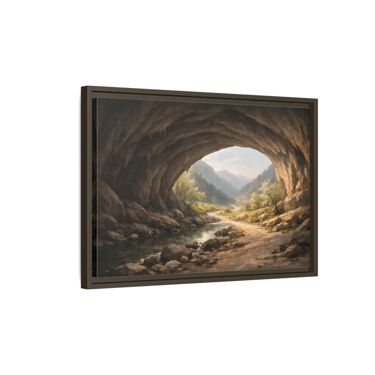 Side Mockup 2. Nature Cave Entrance Cave Landscape shown as stretched canvas wall art