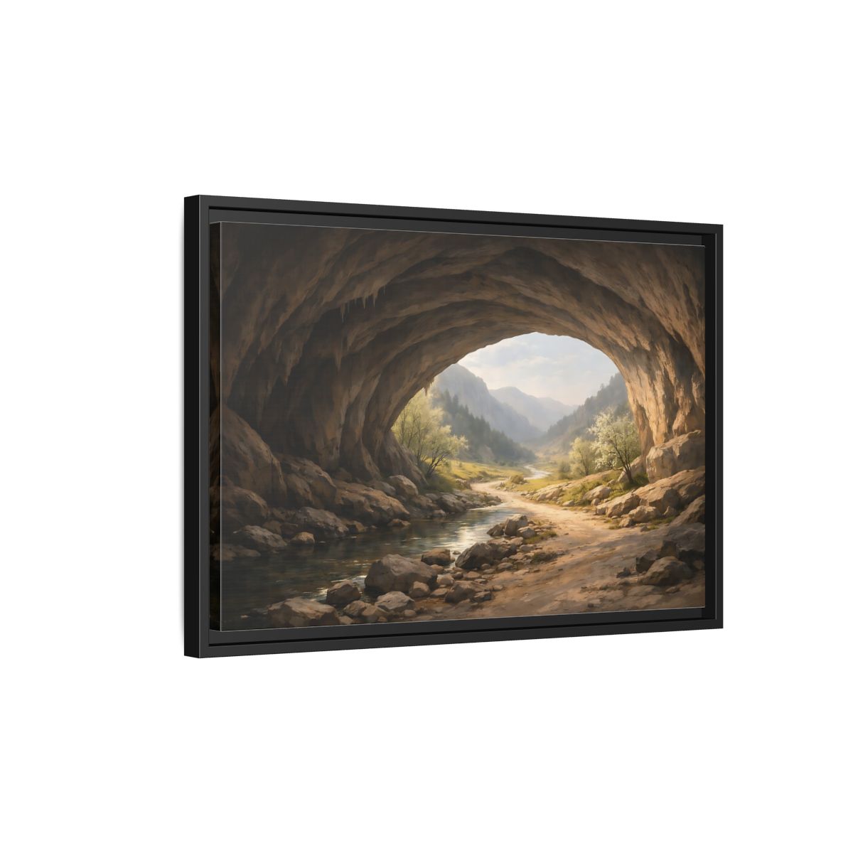 Side Mockup 3. Nature Cave Entrance Cave Landscape shown as stretched canvas wall art