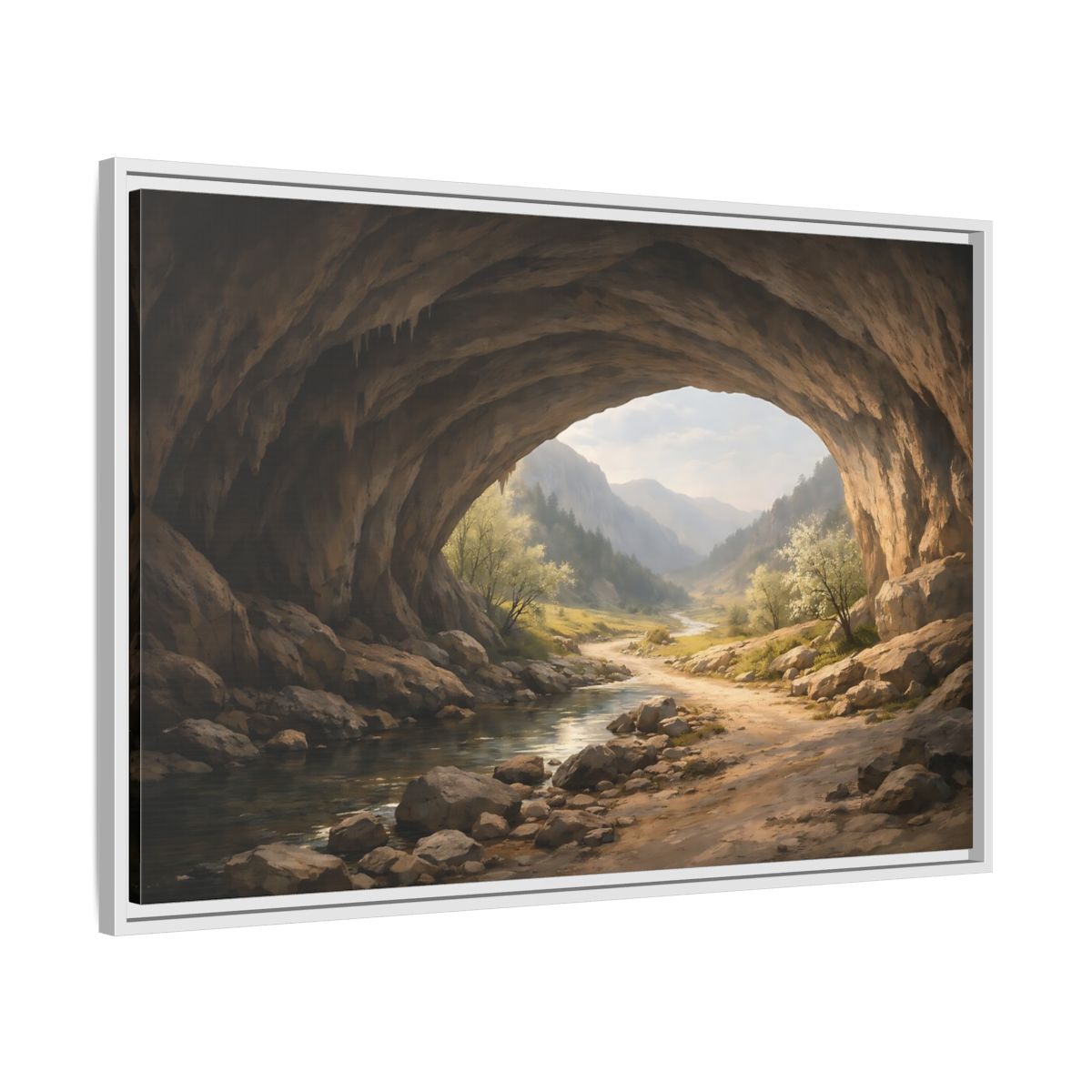Side Mockup 9. Nature Cave Entrance Cave Landscape shown as stretched canvas wall art