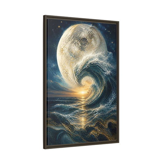 Main Mockup. Nature Celestial Wave Blue And Gold shown as stretched canvas wall art