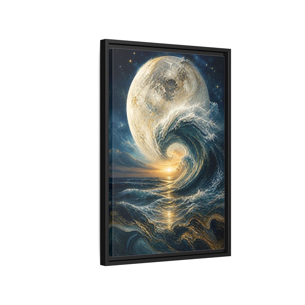 Side Mockup 3. Nature Celestial Wave Blue And Gold shown as stretched canvas wall art