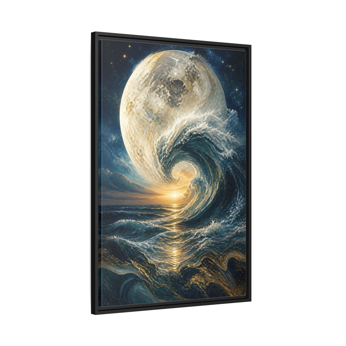 Side Mockup 13. Nature Celestial Wave Blue And Gold shown as stretched canvas wall art