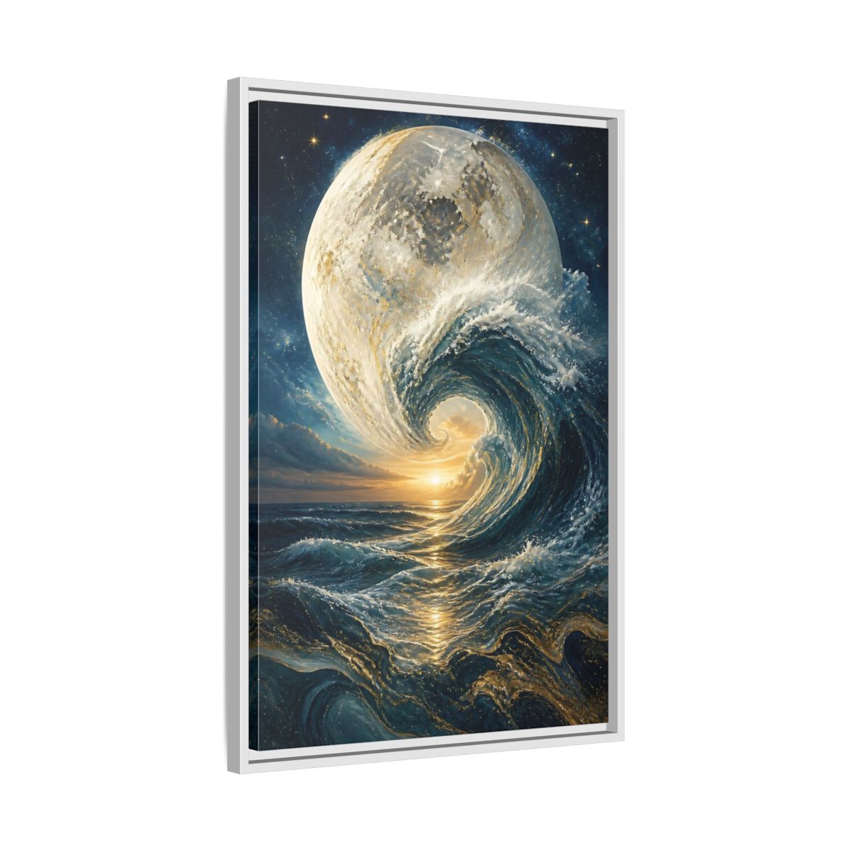 Side Mockup 10. Nature Celestial Wave Blue And Gold shown as stretched canvas wall art