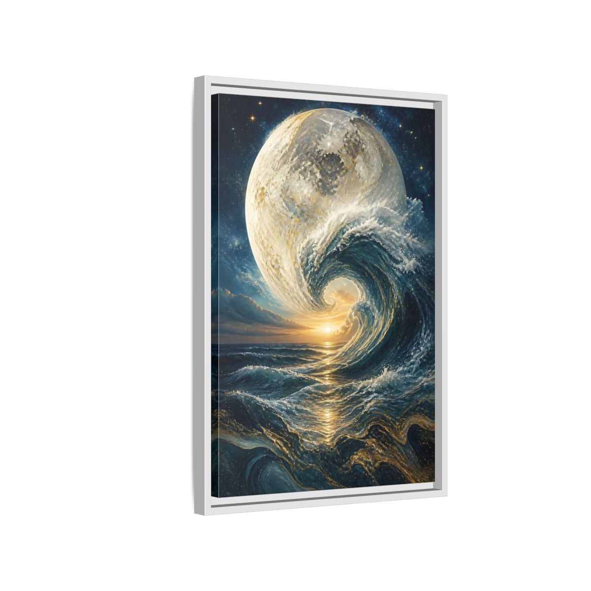 Side Mockup 1. Nature Celestial Wave Blue And Gold shown as stretched canvas wall art