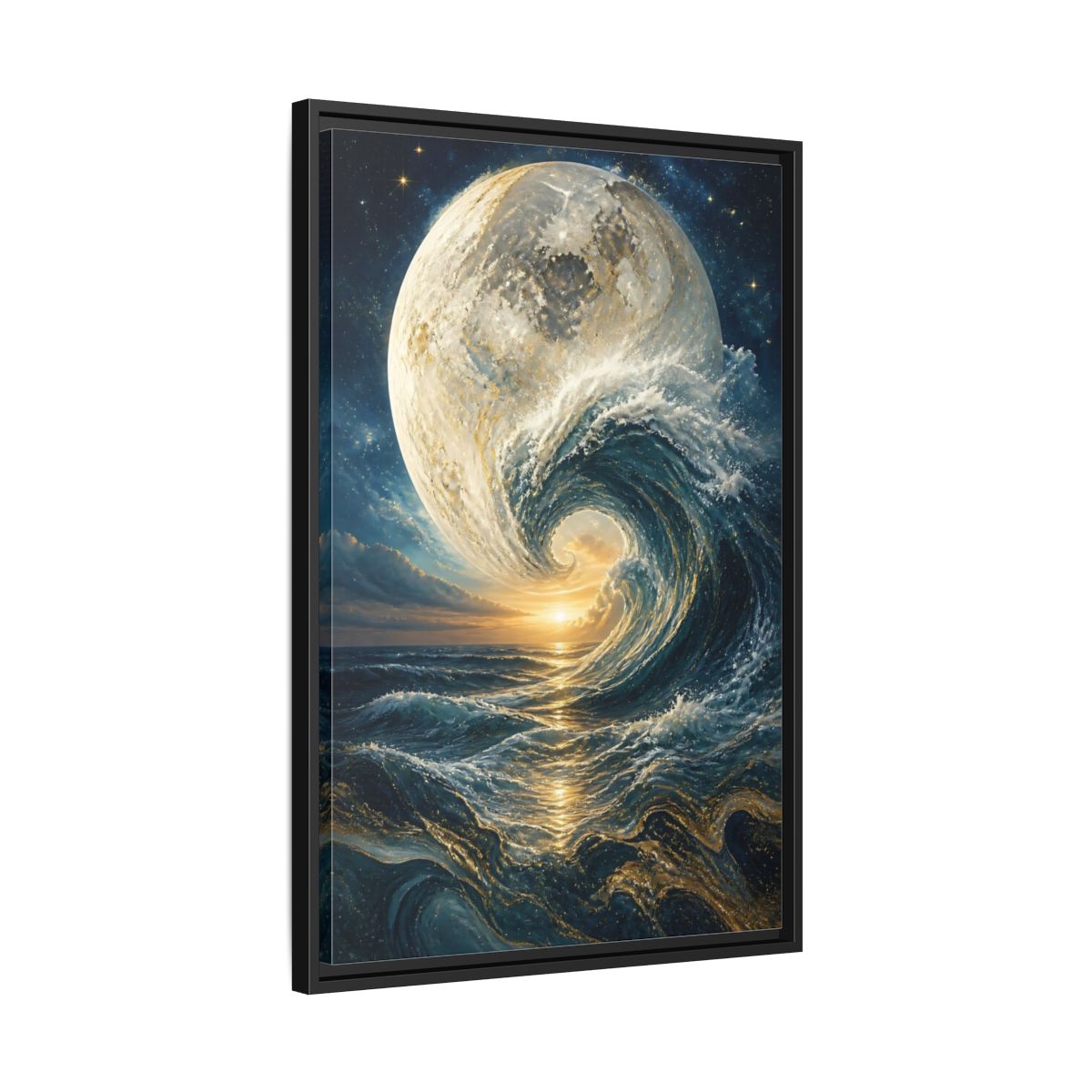Side Mockup 14. Nature Celestial Wave Blue And Gold shown as stretched canvas wall art