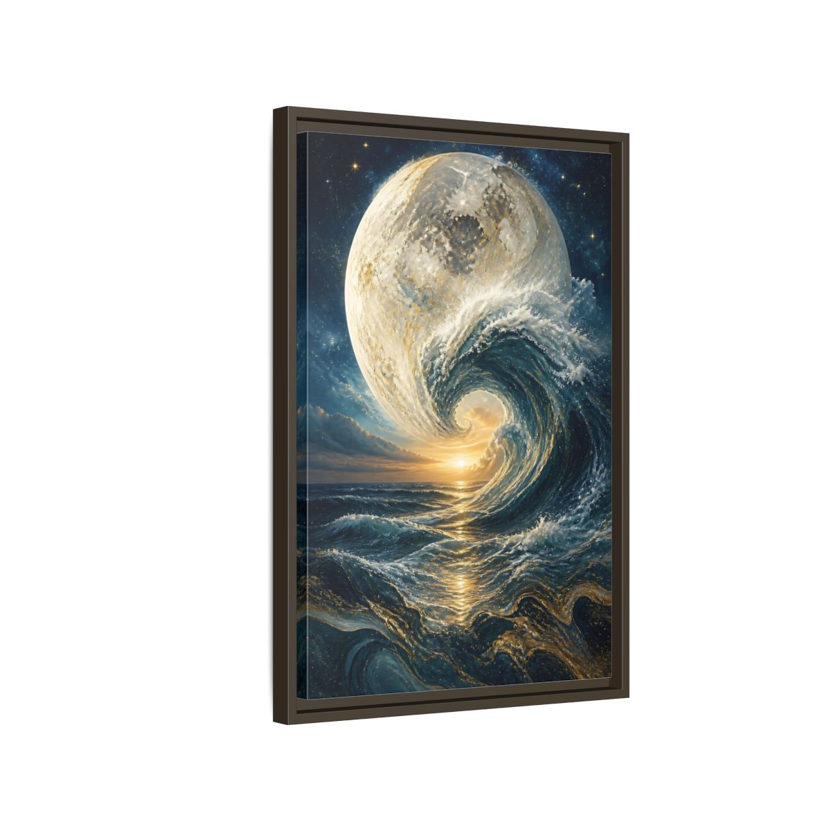 Side Mockup 2. Nature Celestial Wave Blue And Gold shown as stretched canvas wall art