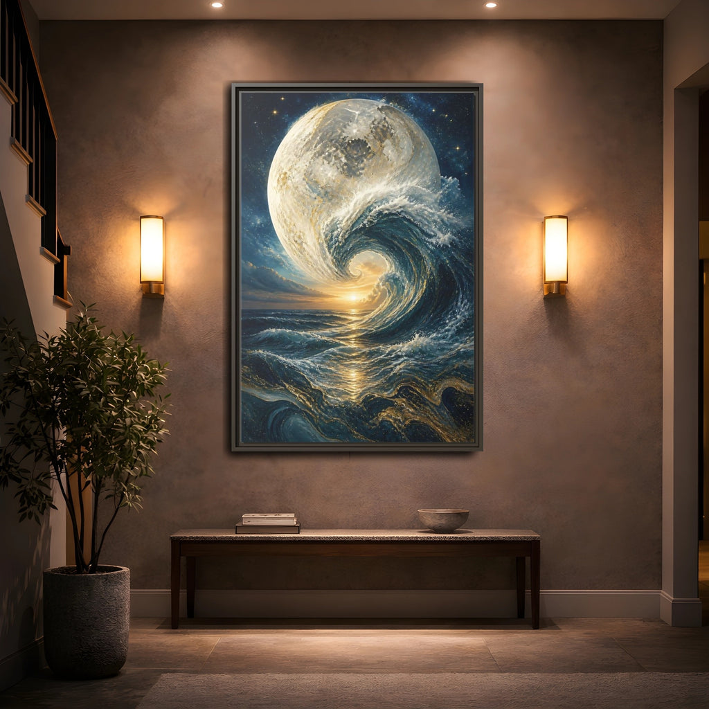 Mockup 2. Nature Celestial Wave Blue And Gold shown as stretched canvas wall art