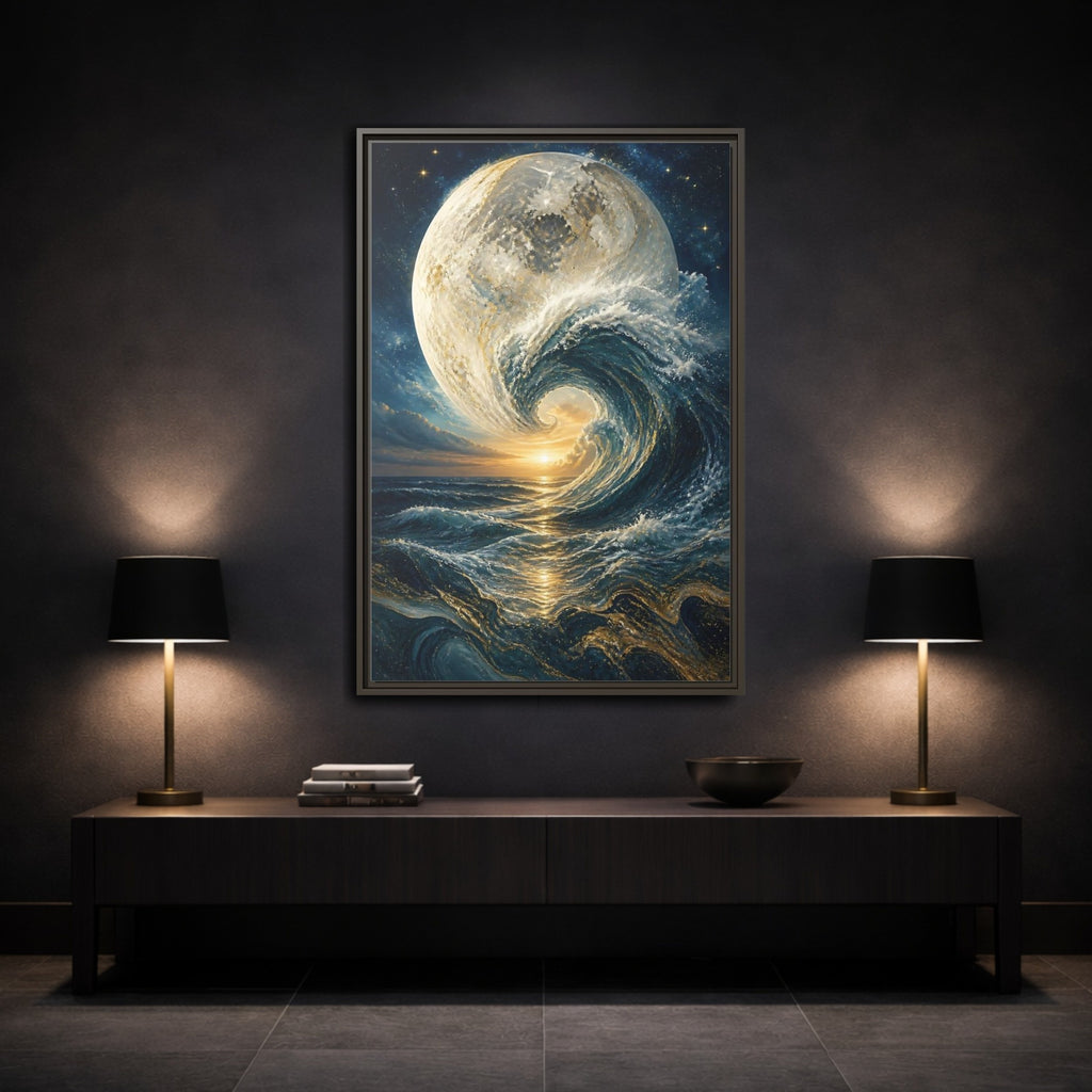 Mockup 3. Nature Celestial Wave Blue And Gold shown as stretched canvas wall art