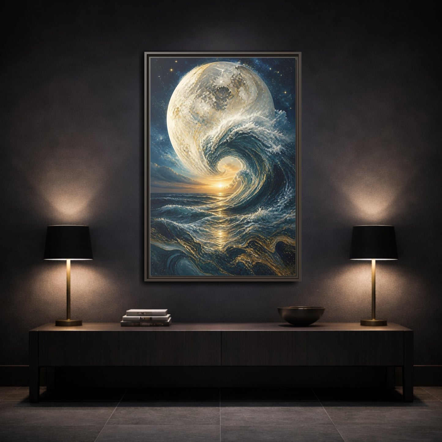 Mockup 3. Nature Celestial Wave Blue And Gold shown as stretched canvas wall art