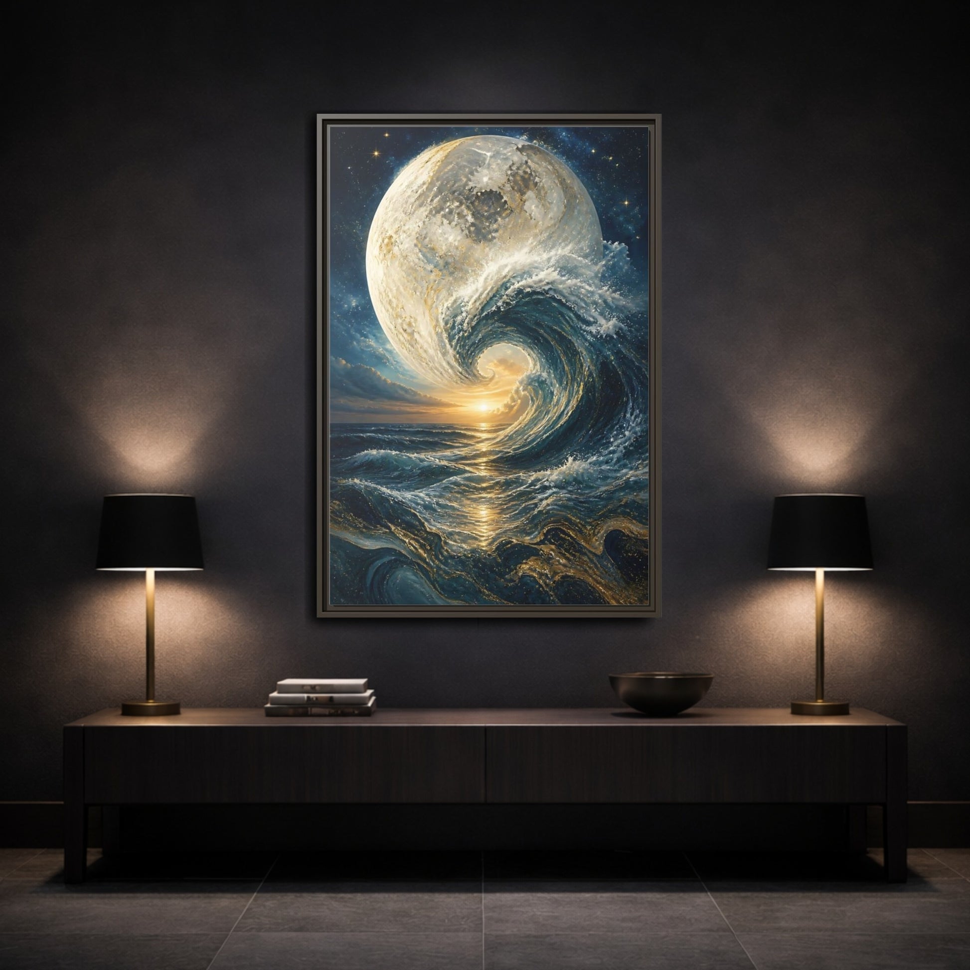 Mockup 3. Nature Celestial Wave Blue And Gold shown as stretched canvas wall art