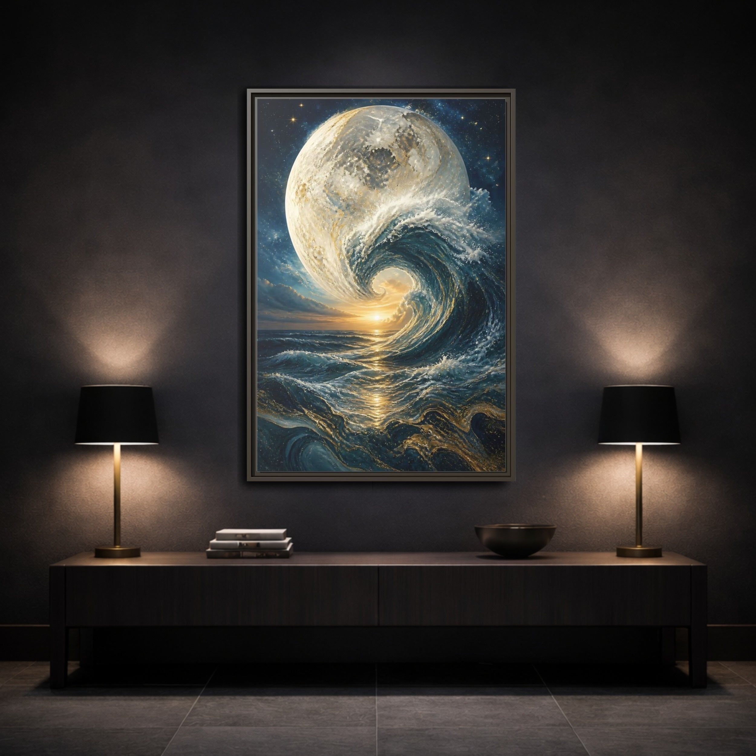 Mockup 3. Nature Celestial Wave Blue And Gold shown as stretched canvas wall art