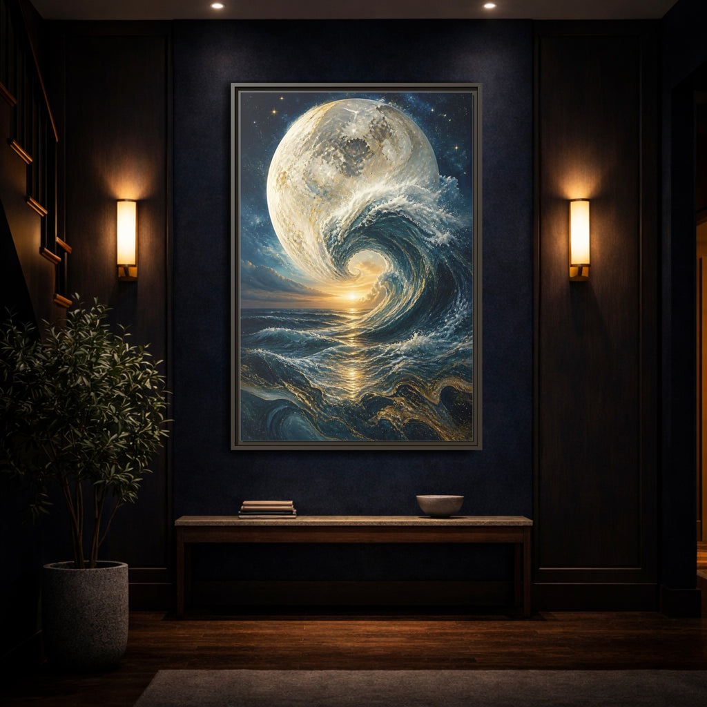 Mockup 4. Nature Celestial Wave Blue And Gold shown as stretched canvas wall art