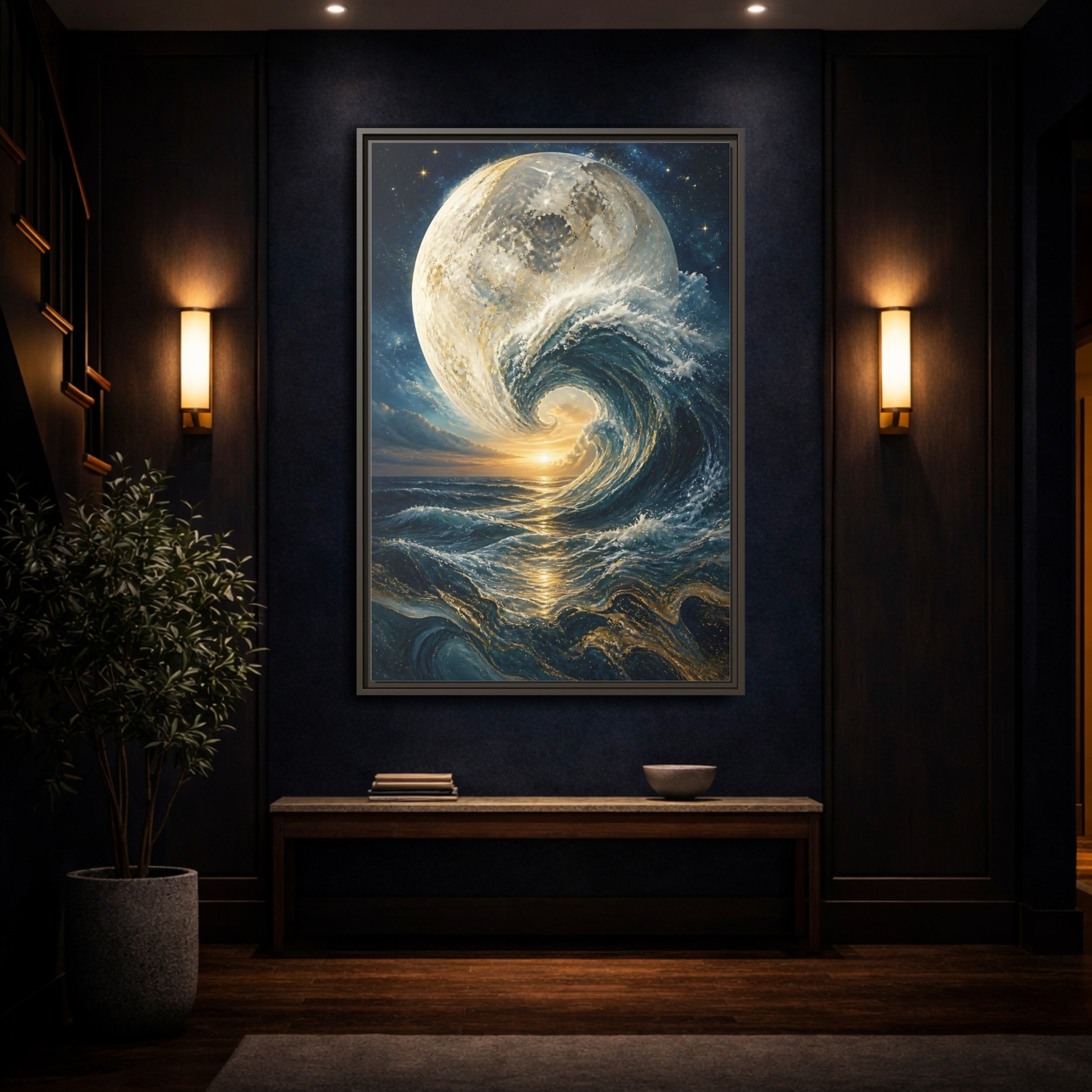 Mockup 4. Nature Celestial Wave Blue And Gold shown as stretched canvas wall art