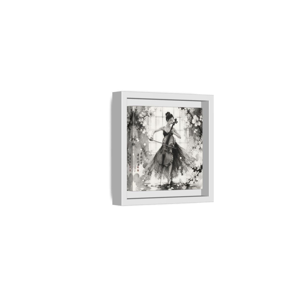 Side Mockup 22. Nature Cellist Monochrome Cello shown as framed canvas print