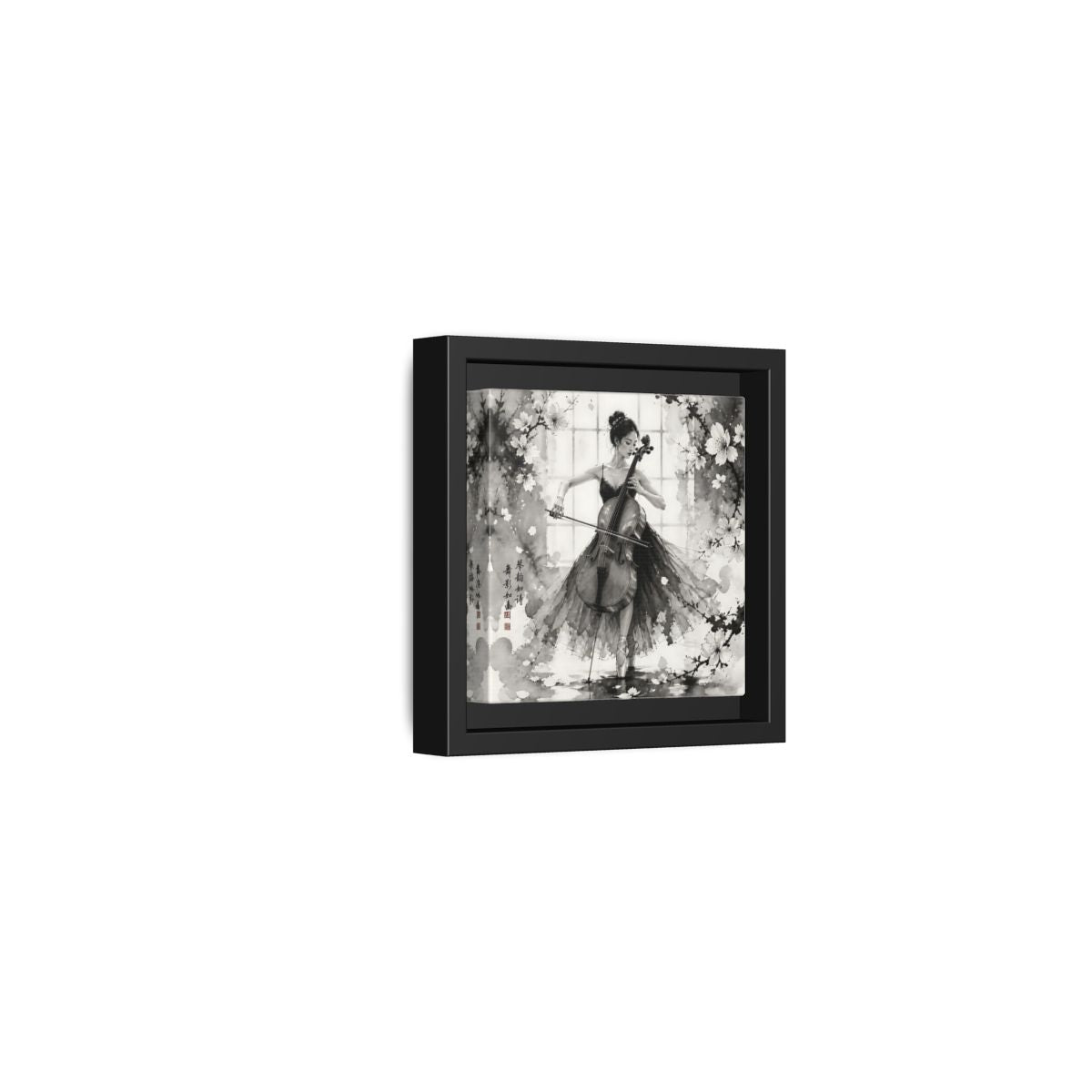 Side Mockup 24. Nature Cellist Monochrome Cello shown as framed canvas print