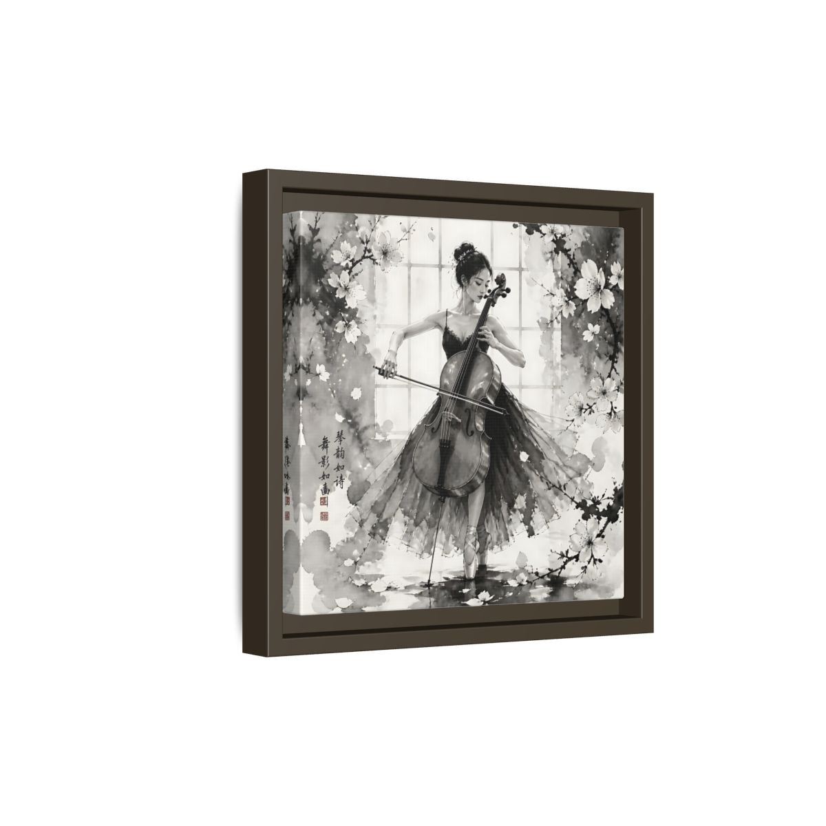 Side Mockup 20. Nature Cellist Monochrome Cello shown as framed canvas print