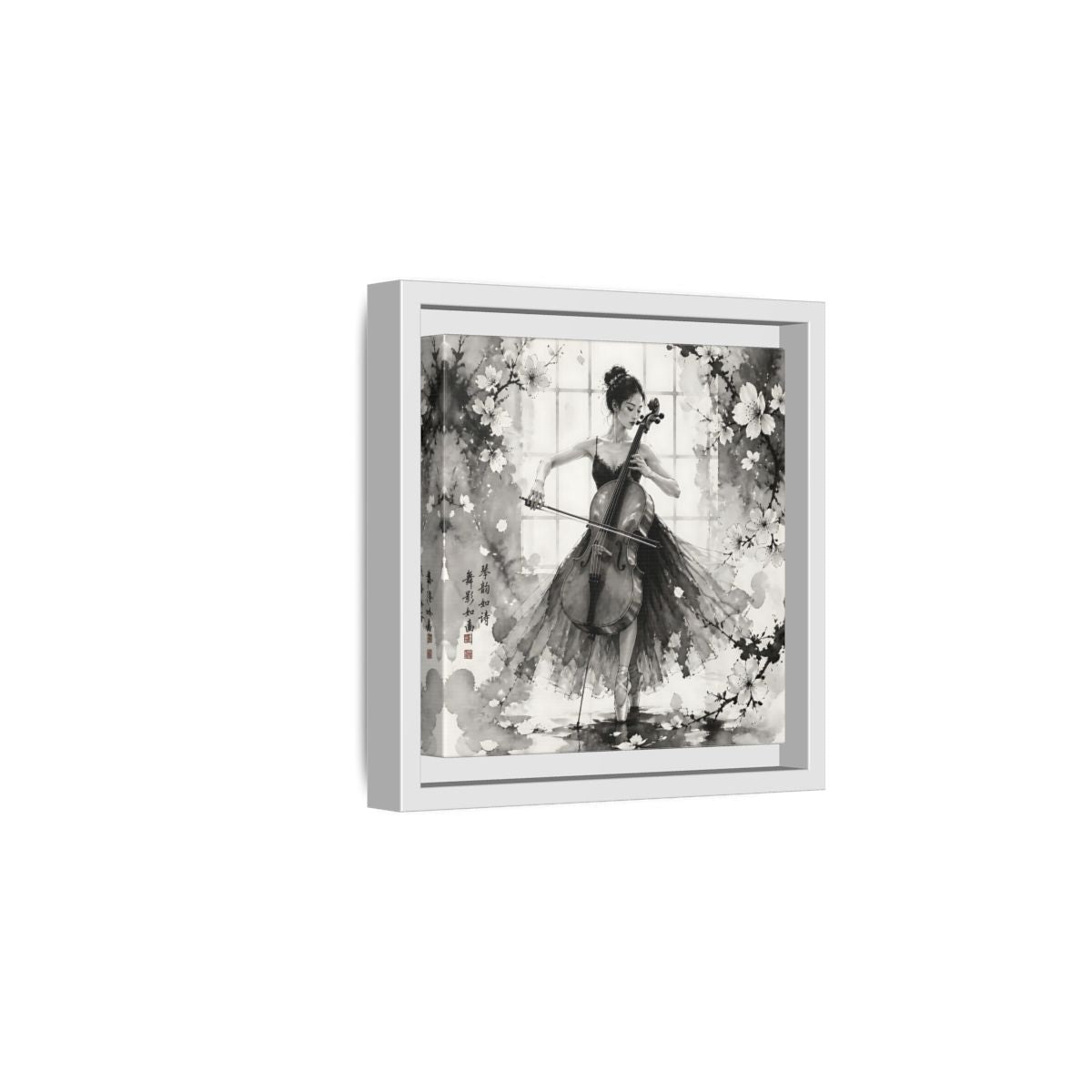 Side Mockup 1. Nature Cellist Monochrome Cello shown as framed canvas print