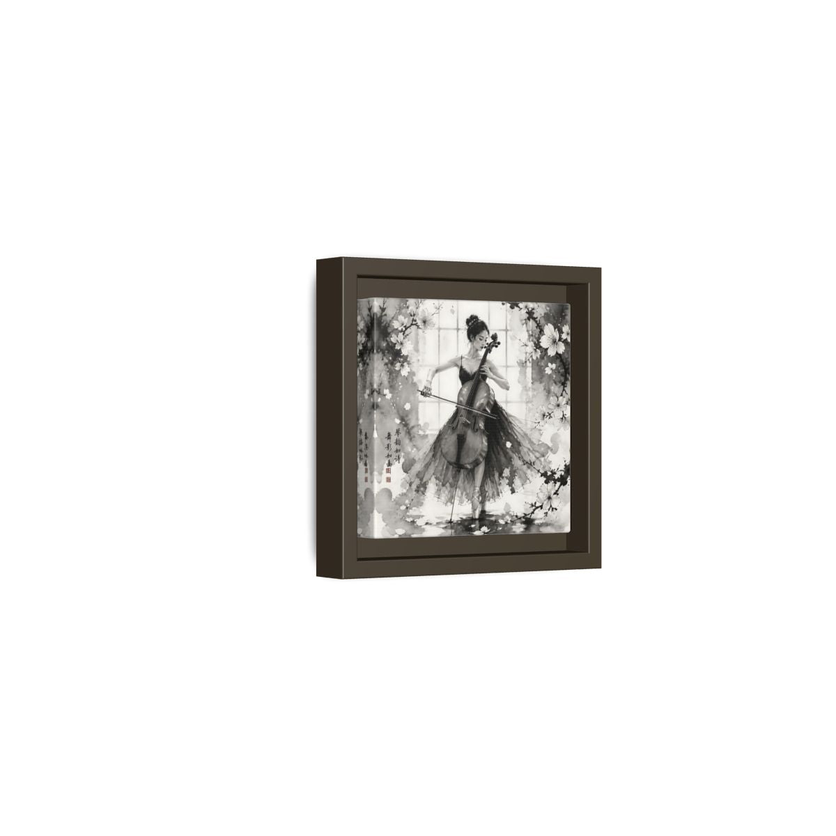 Side Mockup 23. Nature Cellist Monochrome Cello shown as framed canvas print