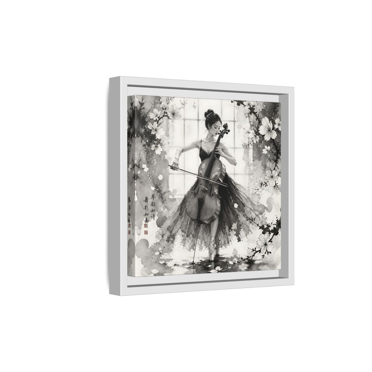 Side Mockup 19. Nature Cellist Monochrome Cello shown as framed canvas print