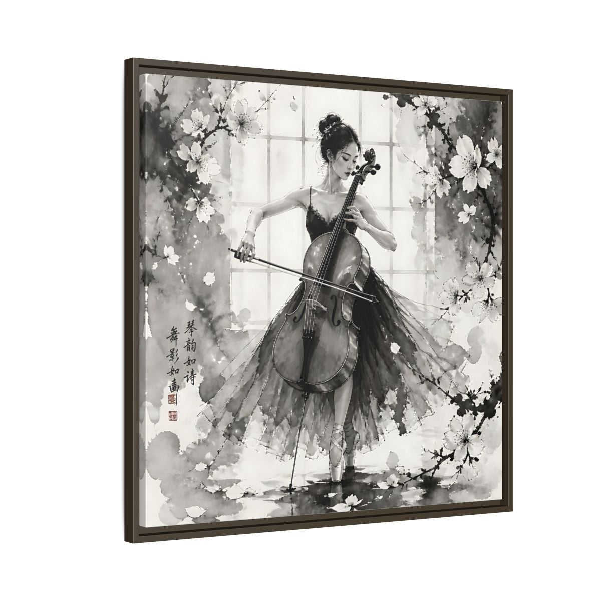 Side Mockup 8. Nature Cellist Monochrome Cello shown as framed canvas print