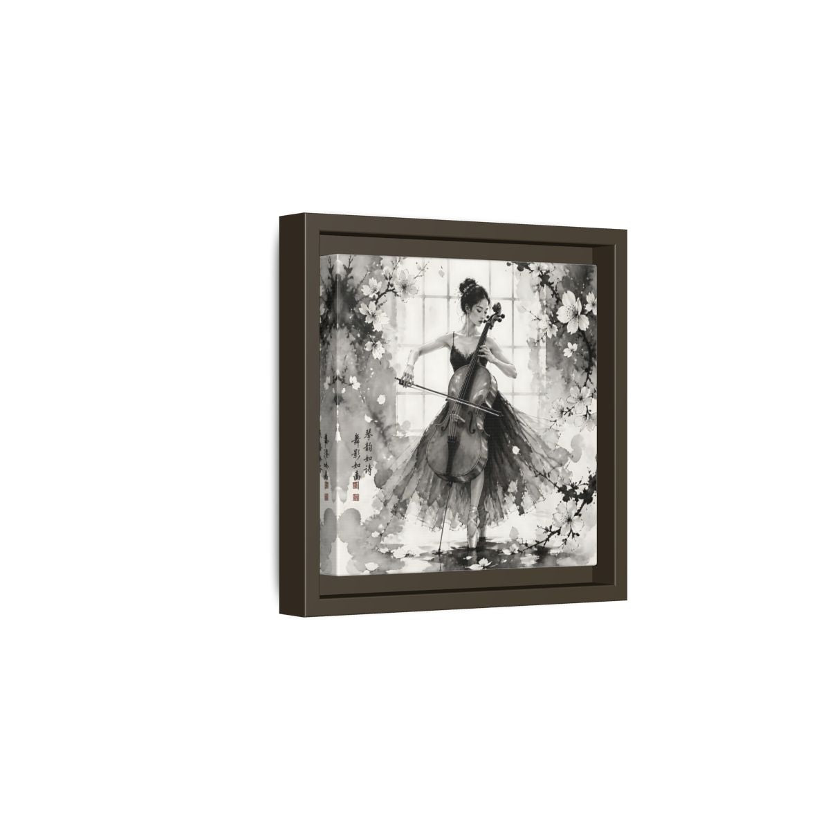 Side Mockup 2. Nature Cellist Monochrome Cello shown as framed canvas print