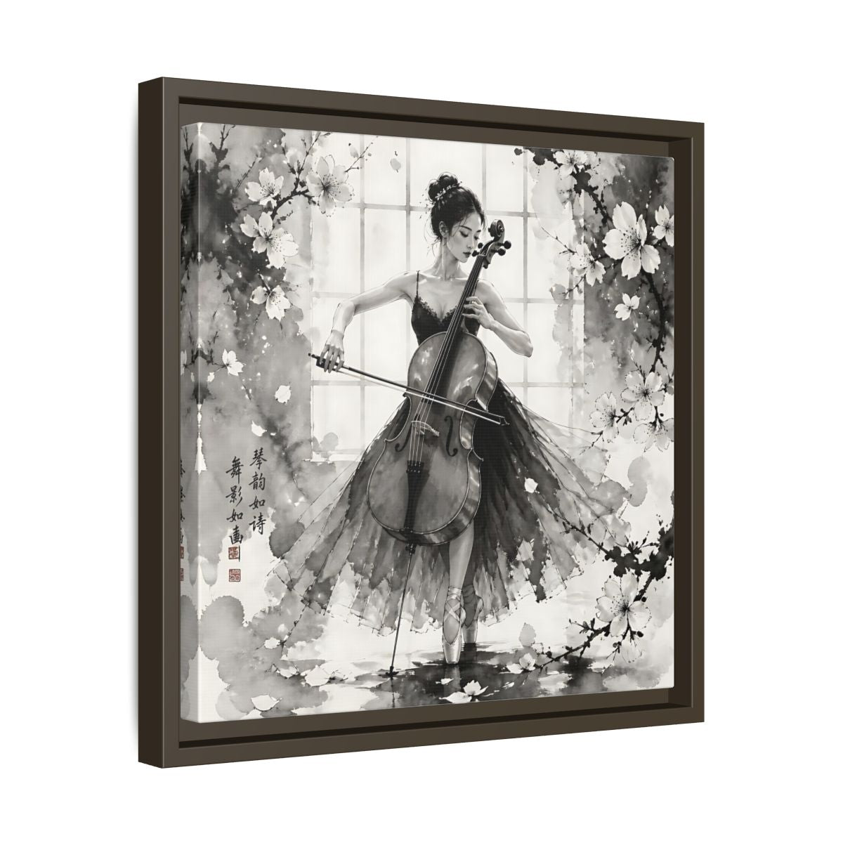 Side Mockup 29. Nature Cellist Monochrome Cello shown as framed canvas print