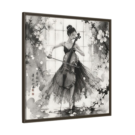 Main Mockup. Nature Cellist Monochrome Cello shown as framed canvas print