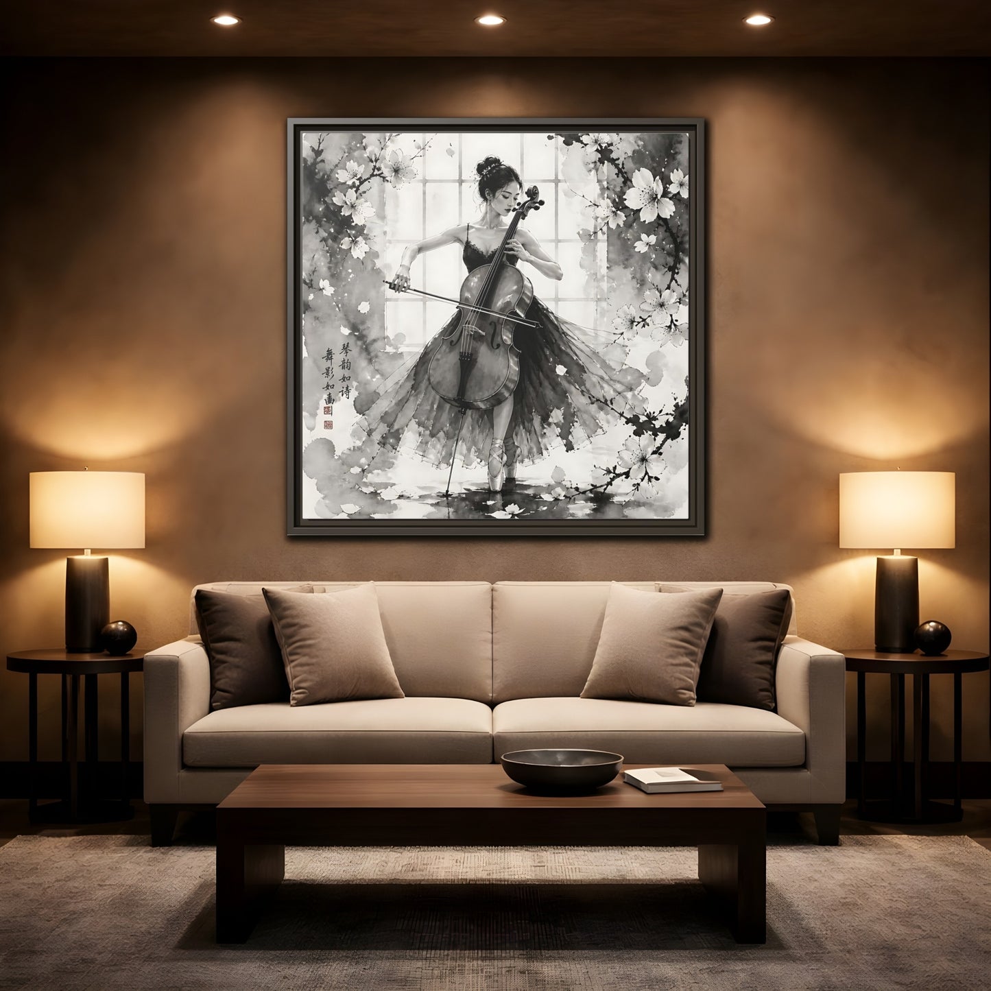 Mockup 2. Nature Cellist Monochrome Cello shown as framed canvas print