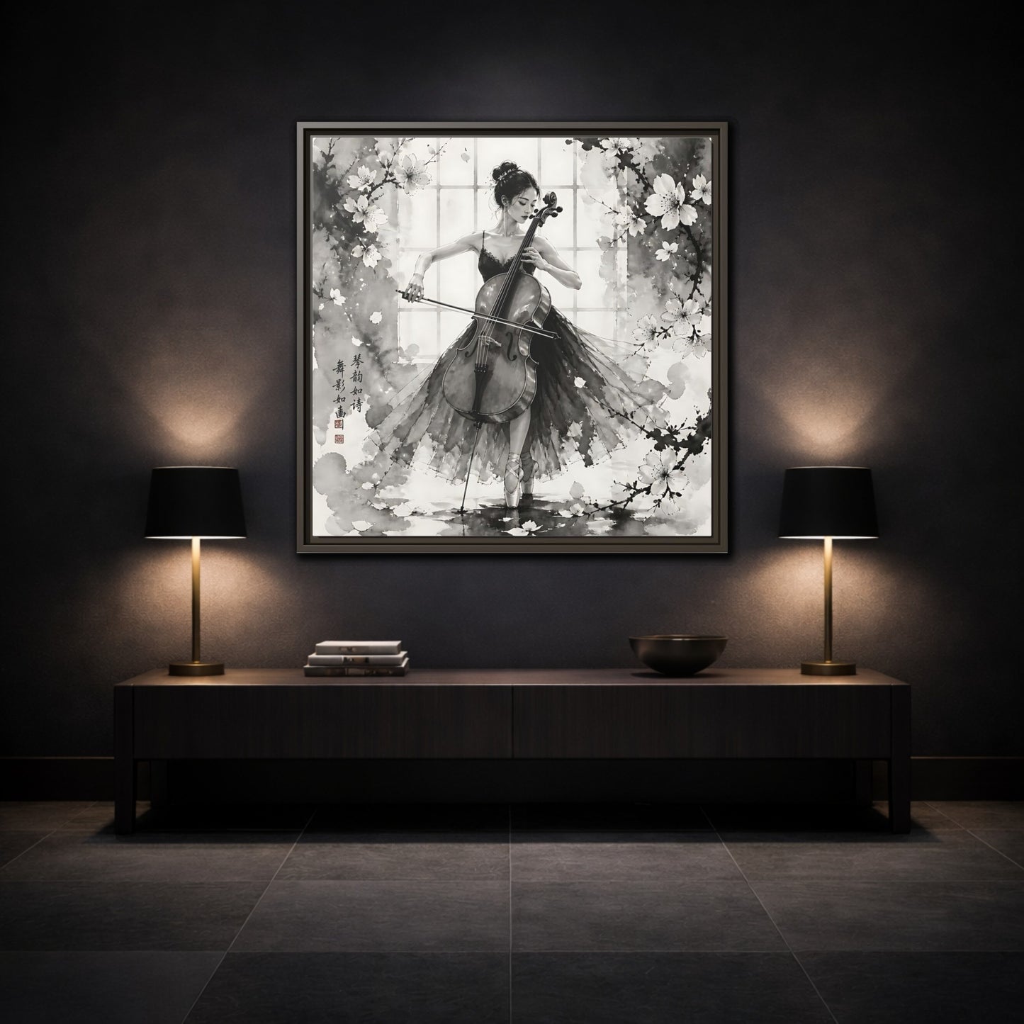 Mockup 3. Nature Cellist Monochrome Cello shown as framed canvas print