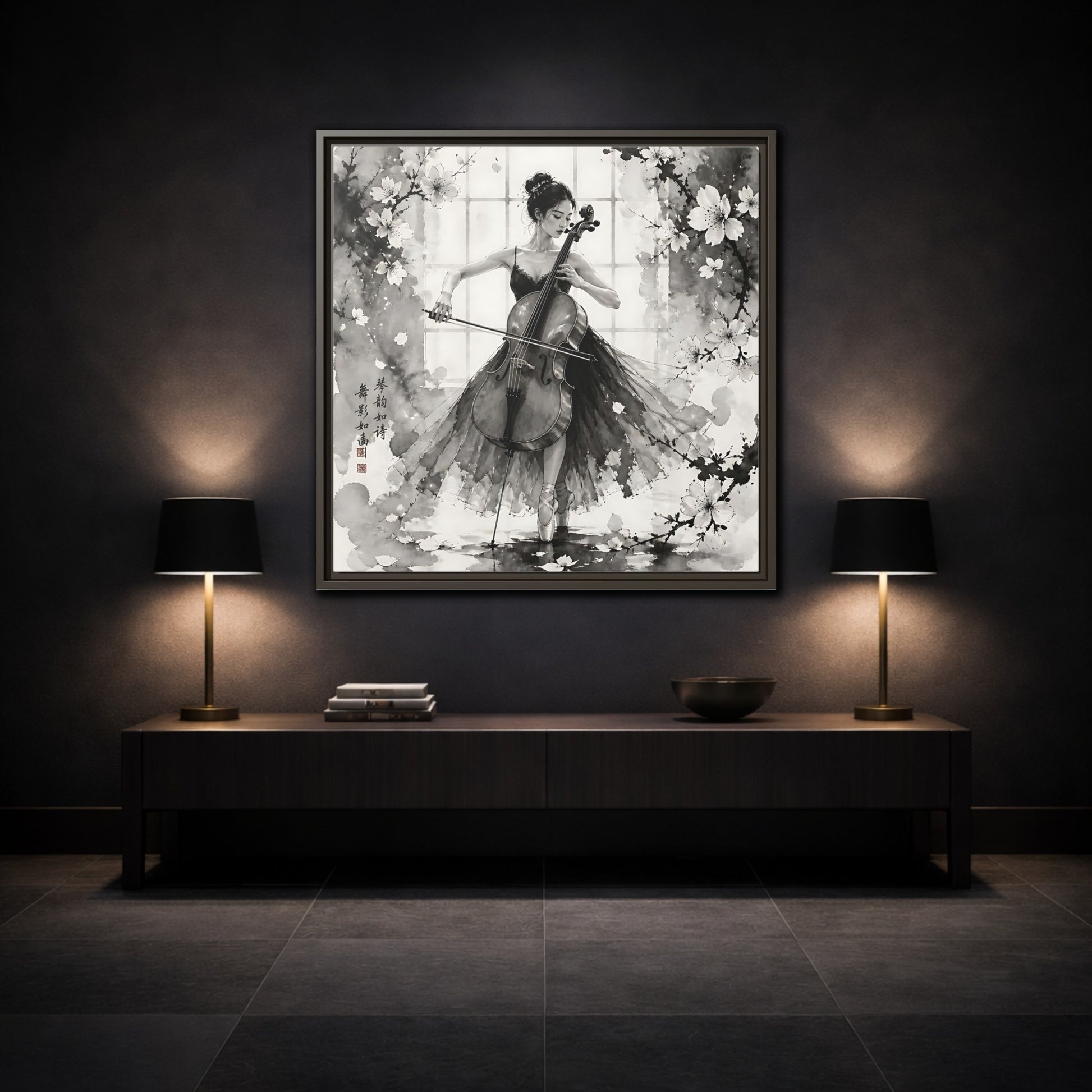 Mockup 3. Nature Cellist Monochrome Cello shown as framed canvas print