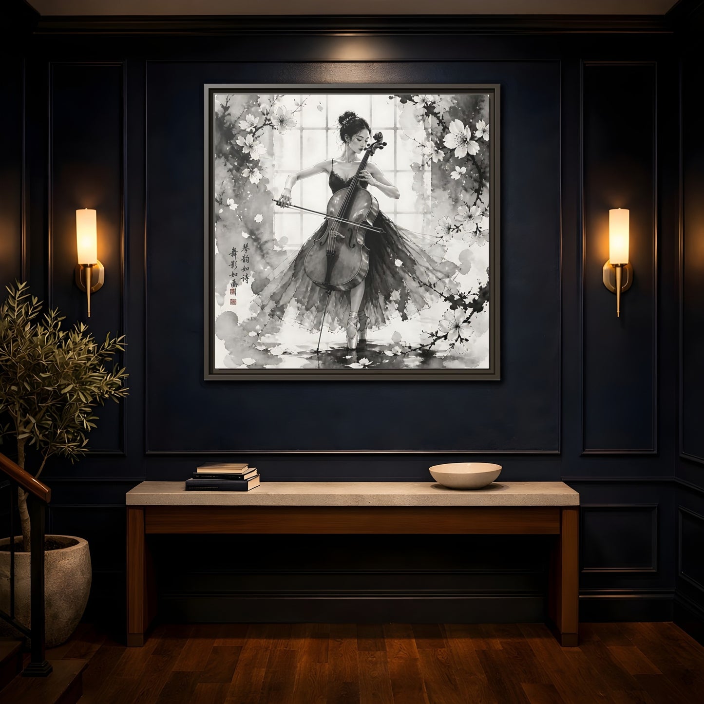 Mockup 4. Nature Cellist Monochrome Cello shown as framed canvas print