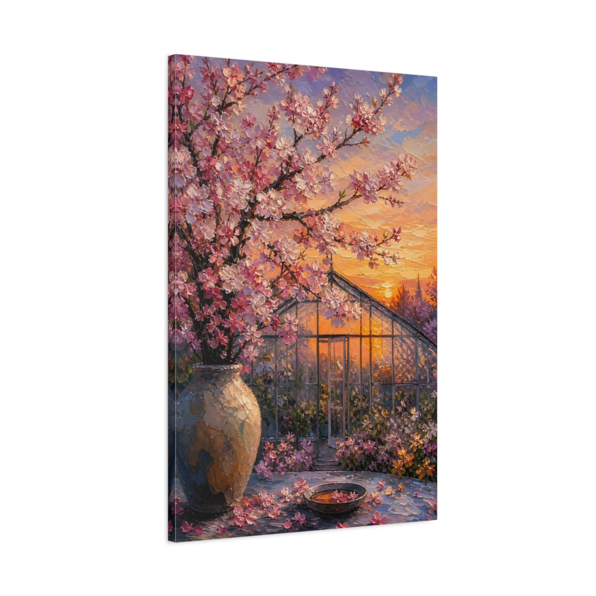 Main Mockup. Nature Cherry Blossoms Pink And Orange shown as stretched canvas wall art
