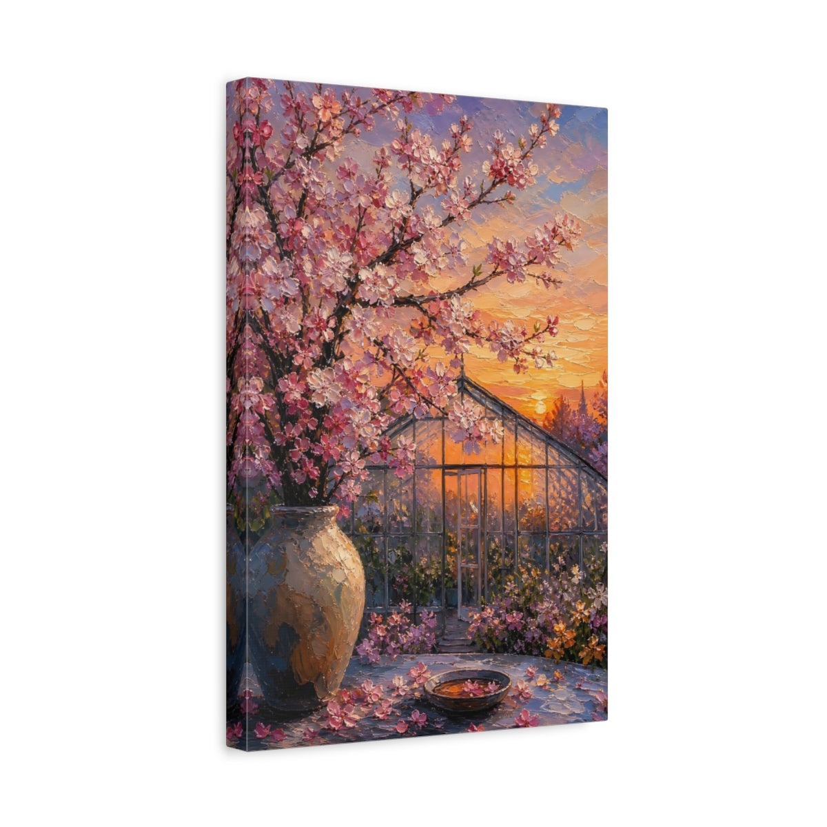Side Mockup 4. Nature Cherry Blossoms Pink And Orange shown as stretched canvas wall art