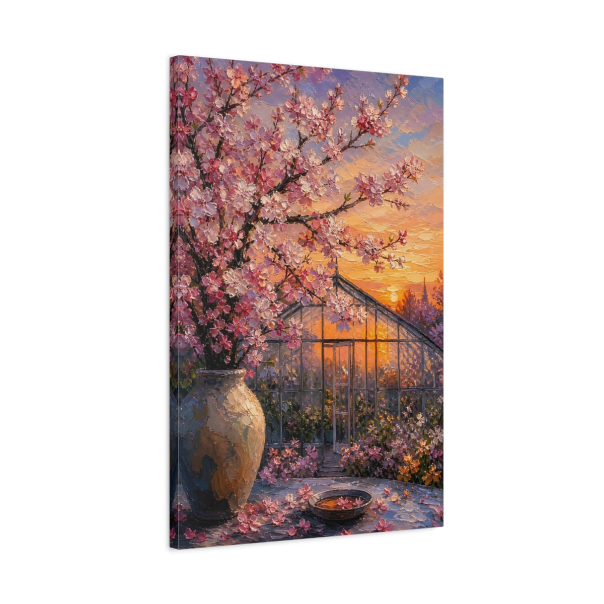 Side Mockup 2. Nature Cherry Blossoms Pink And Orange shown as stretched canvas wall art