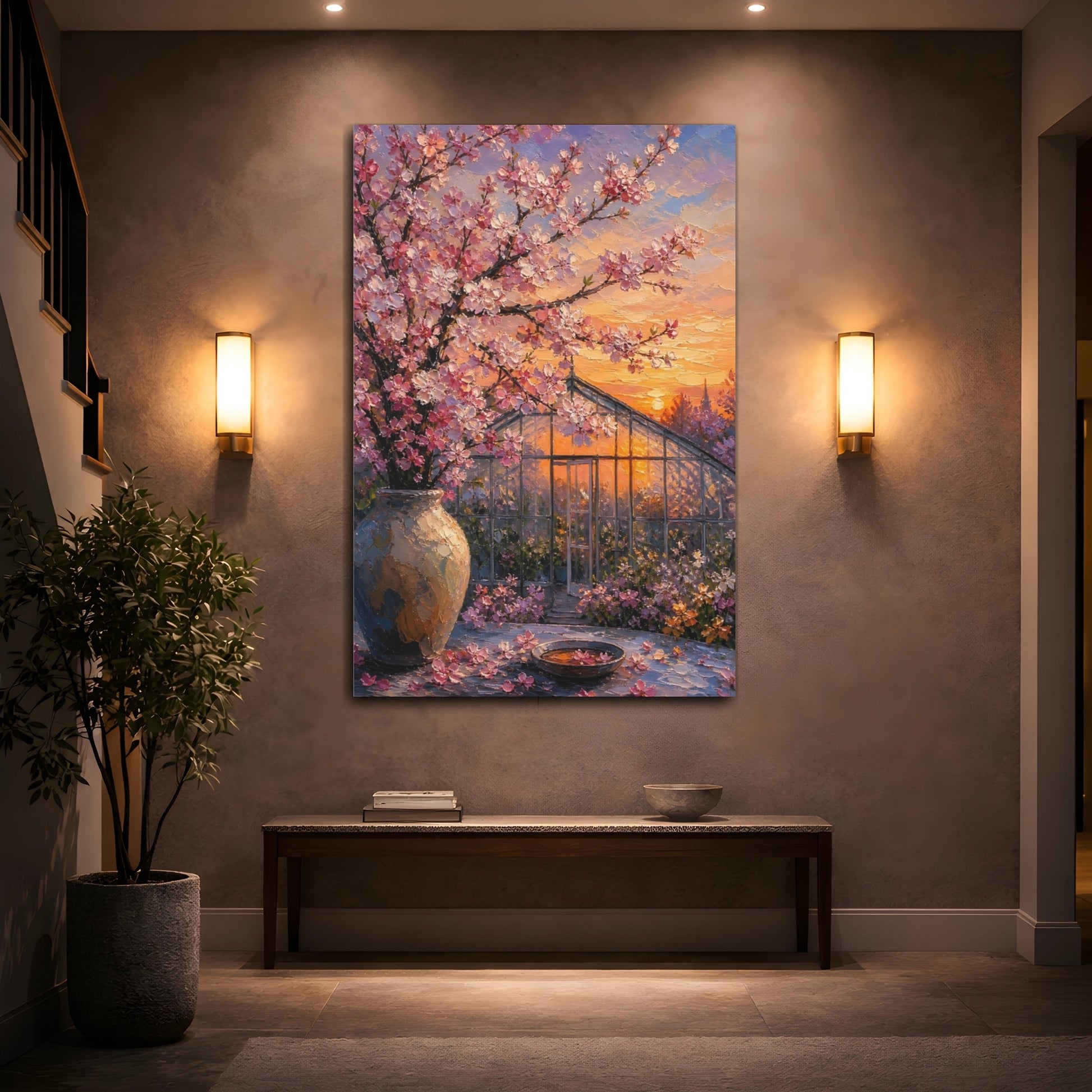Mockup 2. Nature Cherry Blossoms Pink And Orange shown as stretched canvas wall art