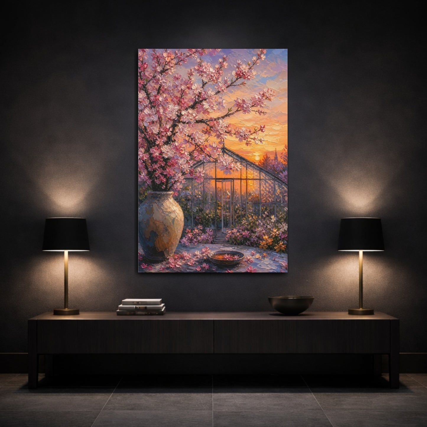 Mockup 3. Nature Cherry Blossoms Pink And Orange shown as stretched canvas wall art