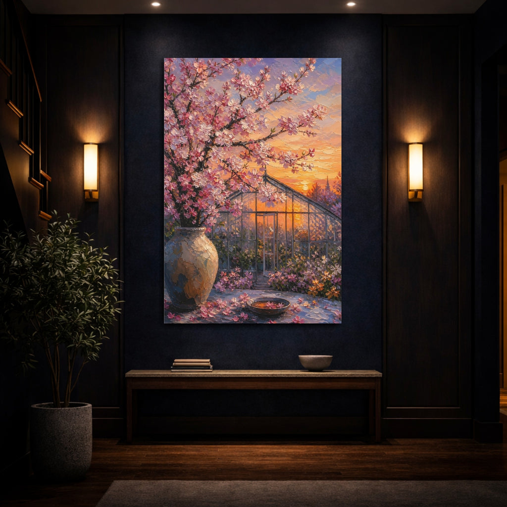 Mockup 4. Nature Cherry Blossoms Pink And Orange shown as stretched canvas wall art